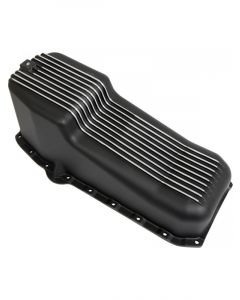 RTS Oil Pan Cast Aluminum Machined Finned Black 4 qt. SB Chev Passan