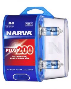 Narva H4 12V 60/55W P43T Plus 200 Globes Pack of 2