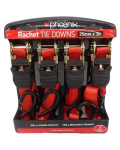 Phoenix Ratchet Tie Down 25mm x 3 Metres Load Rating 350Kg Pack of 4