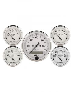 Auto Meter 5 PC Gauge Kit 3-1/8 & 2-1/16" Elec Speedo KM Old Tyme White